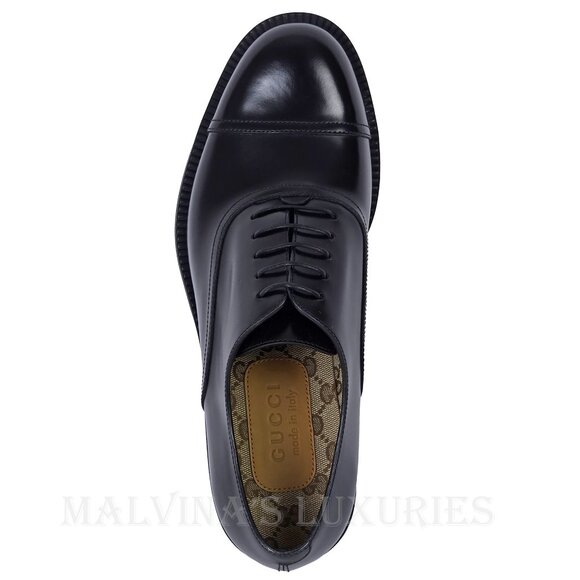 GUCCI SHOES MENS BLACK LEATHER TEMPE CAP OXFORD GG LOGO LINING sz 8 US 8.5 main image 11